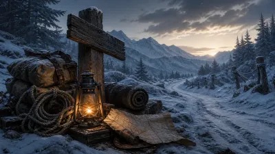 Old and new expedition equipment beside a winter trail marker