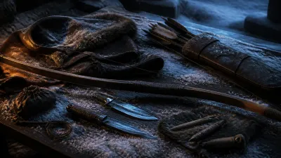 Longbow, paired knives, quiver, and winter ranger equipment