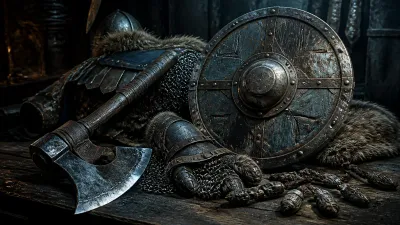Heavy axe, round shield, mail, and defensive gear for a frontline build