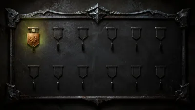 Iron achievement board with empty medal hooks and one lit badge